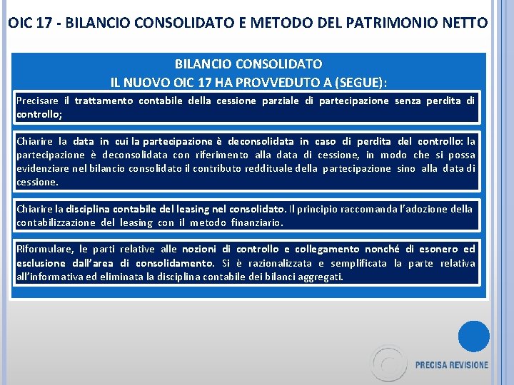 OIC 17 - BILANCIO CONSOLIDATO E METODO DEL PATRIMONIO NETTO BILANCIO CONSOLIDATO IL NUOVO