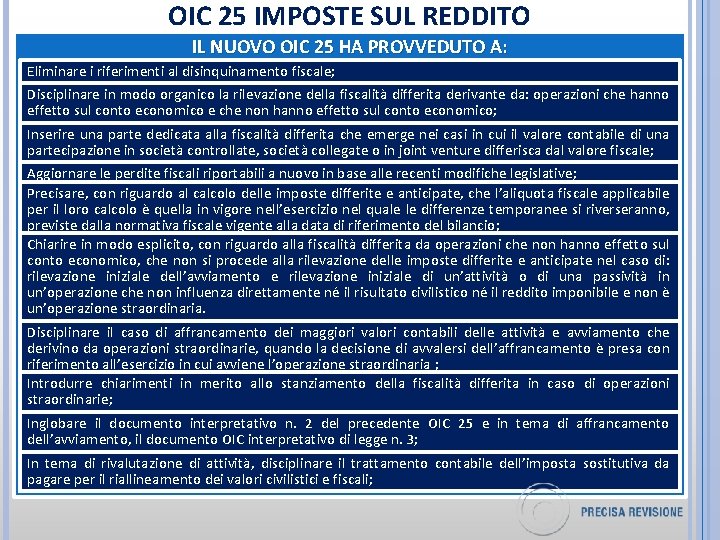 OIC 25 IMPOSTE SUL REDDITO IL NUOVO OIC 25 HA PROVVEDUTO A: Eliminare i