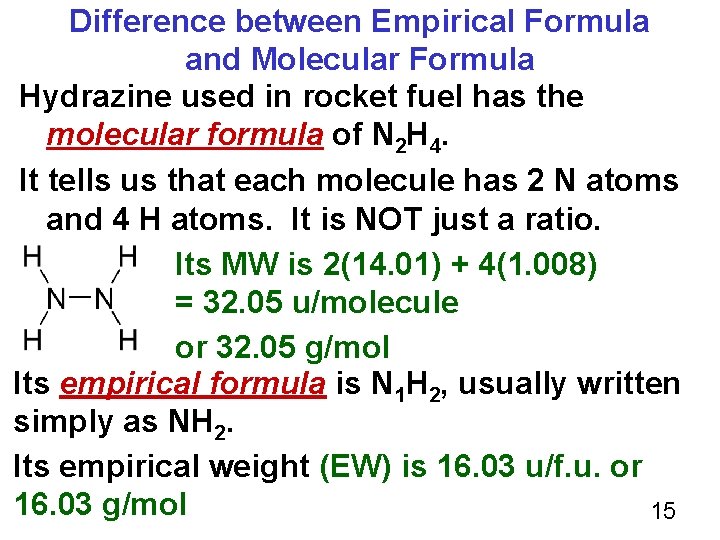 Difference between Empirical Formula and Molecular Formula Hydrazine used in rocket fuel has the