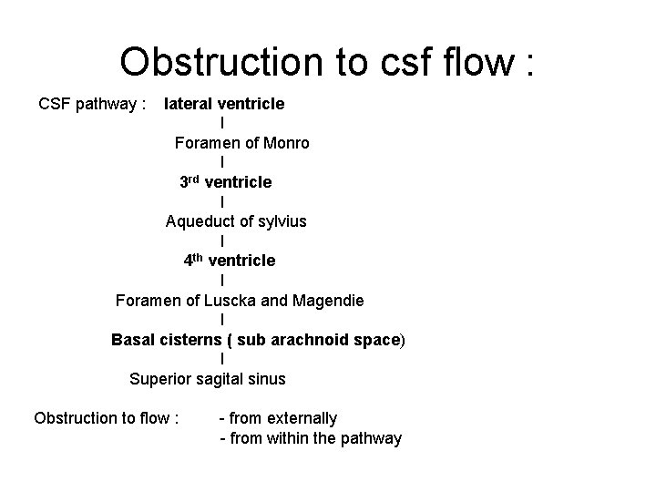 Obstruction to csf flow : CSF pathway : lateral ventricle I Foramen of Monro