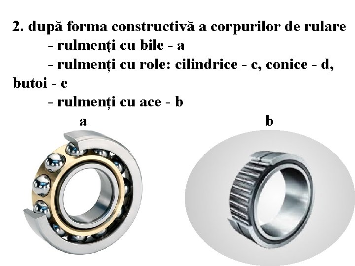 2. după forma constructivă a corpurilor de rulare - rulmenți cu bile - a