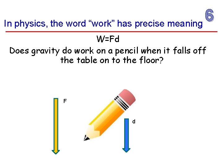 6 In physics, the word “work” has precise meaning W=Fd Does gravity do work