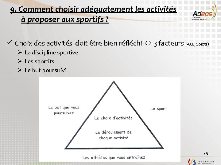 9. Comment choisir adéquatement les activités à proposer aux sportifs ? ü Choix des