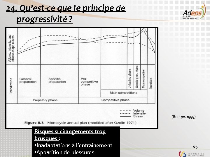 24. Qu’est-ce que le principe de progressivité ? (Bompa, 1999) Risques si changements trop