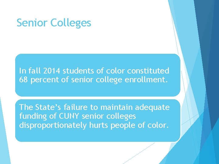 Senior Colleges In fall 2014 students of color constituted 68 percent of senior college