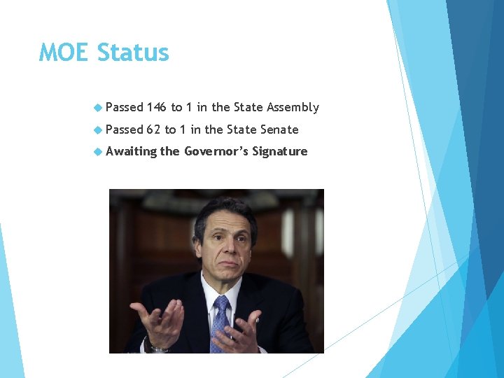 MOE Status Passed 146 to 1 in the State Assembly Passed 62 to 1