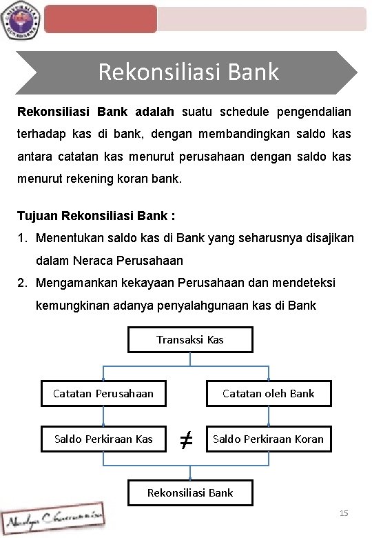 Rekonsiliasi Bank adalah suatu schedule pengendalian terhadap kas di bank, dengan membandingkan saldo kas