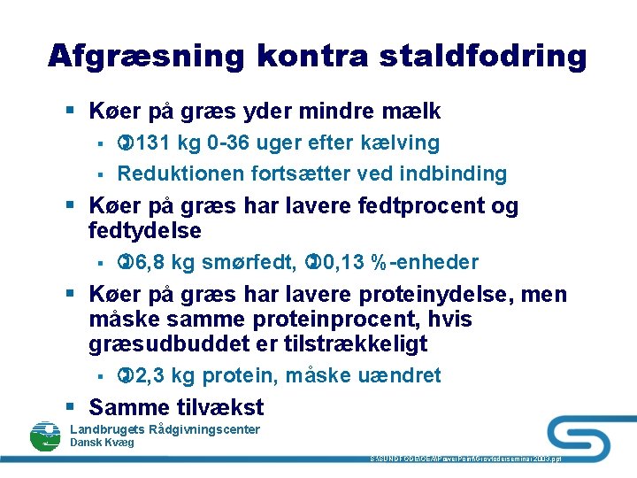 Afgræsning kontra staldfodring § Køer på græs yder mindre mælk § § 131 kg