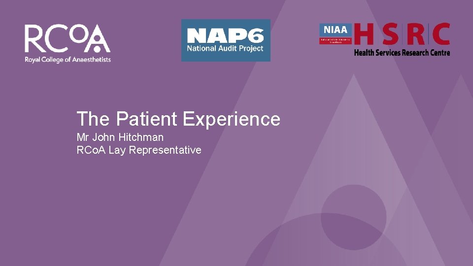 NAP 6: Perioperative Anaphylaxis The Patient Experience Mr John Hitchman RCo. A Lay Representative
