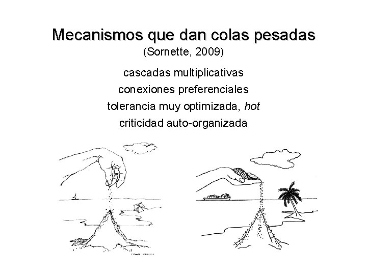 Mecanismos que dan colas pesadas (Sornette, 2009) cascadas multiplicativas conexiones preferenciales tolerancia muy optimizada,