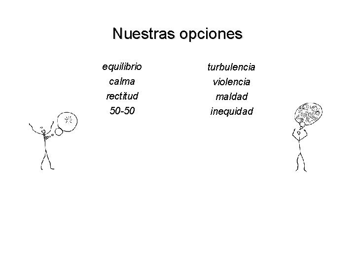 Nuestras opciones equilibrio calma rectitud 50 -50 turbulencia violencia maldad inequidad 