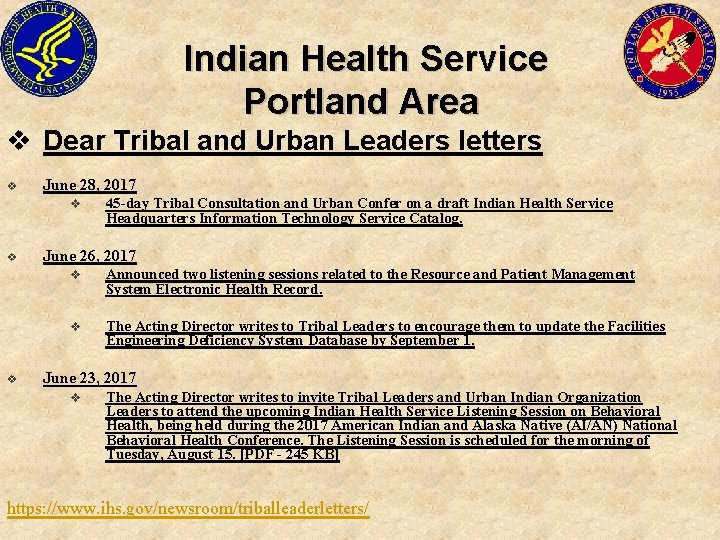 Indian Health Service Portland Area v Dear Tribal and Urban Leaders letters v June