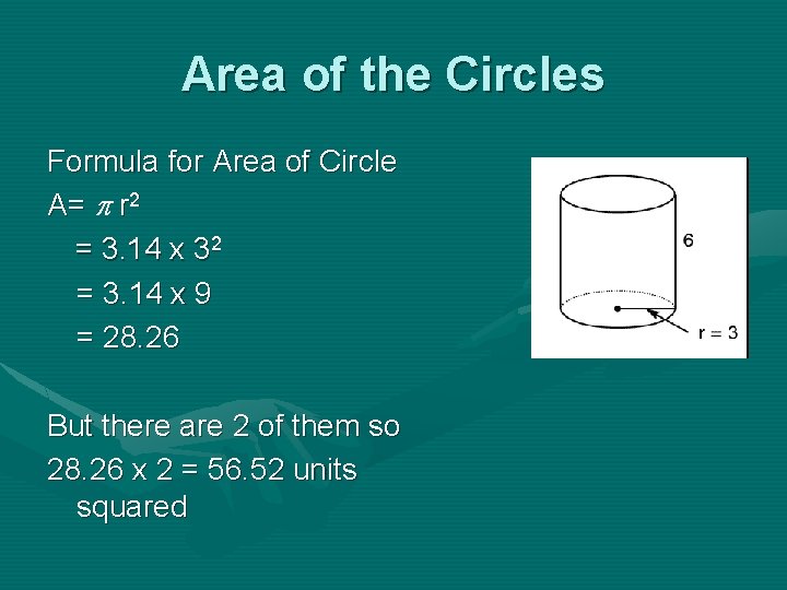 Area of the Circles Formula for Area of Circle A= r 2 = 3.