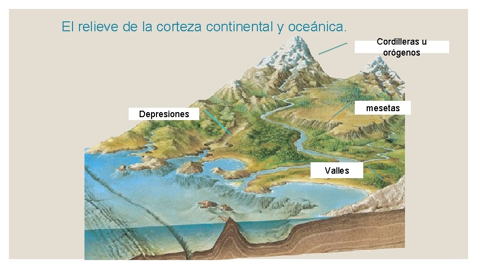 El relieve de la corteza continental y oceánica. Cordilleras u orógenos mesetas Depresiones Valles