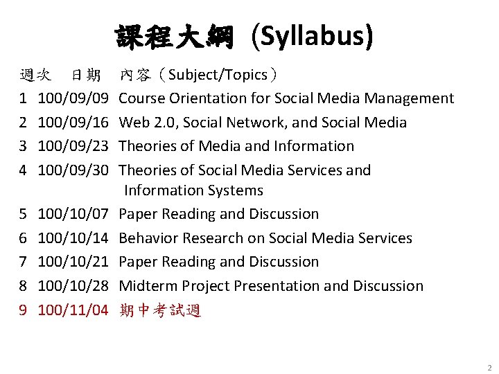 課程大綱 (Syllabus) 週次 日期 1 100/09/09 2 100/09/16 3 100/09/23 4 100/09/30 5 6 課程大綱 (Syllabus) 週次 日期 1 100/09/09 2 100/09/16 3 100/09/23 4 100/09/30 5 6