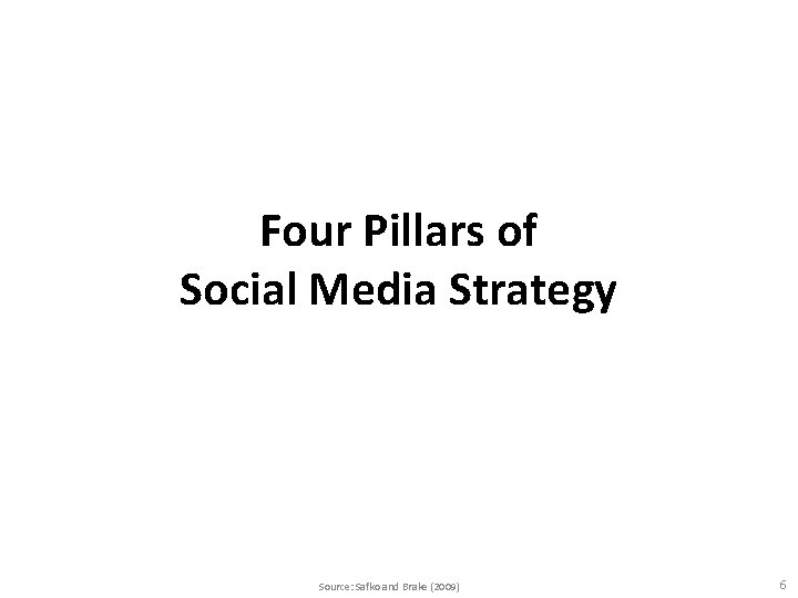 Four Pillars of Social Media Strategy Source: Safko and Brake (2009) 6 Four Pillars of Social Media Strategy Source: Safko and Brake (2009) 6