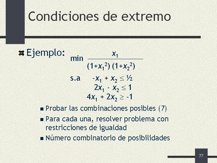 Condiciones de extremo Ejemplo: x 1 min (1+x 12) (1+x 22) s. a -x