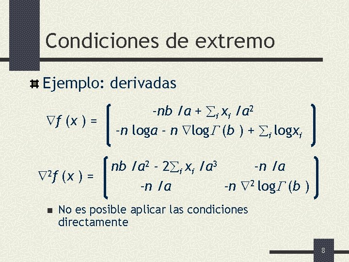 Condiciones de extremo Ejemplo: derivadas f (x ) = 2 f (x ) =