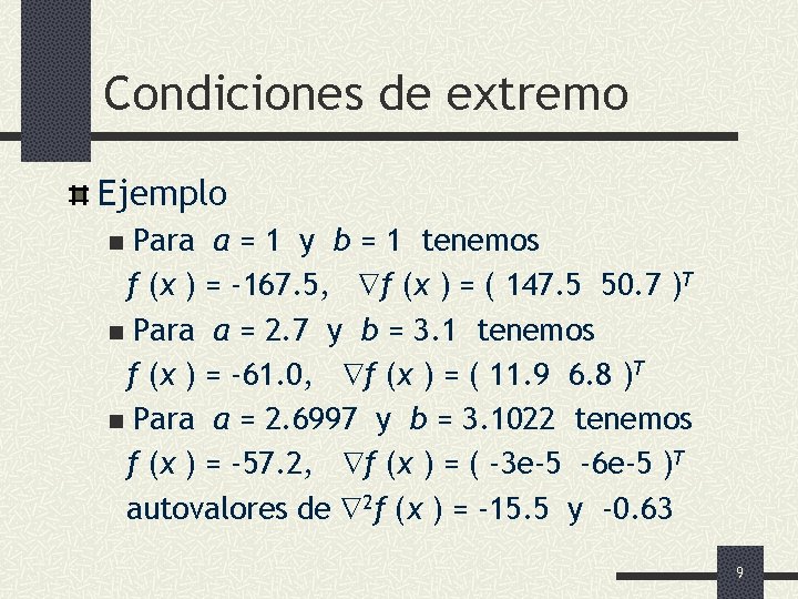 Condiciones de extremo Ejemplo Para a = 1 y b = 1 tenemos f