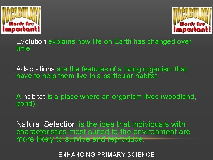 Evolution explains how life on Earth has changed over time. Adaptations are the features