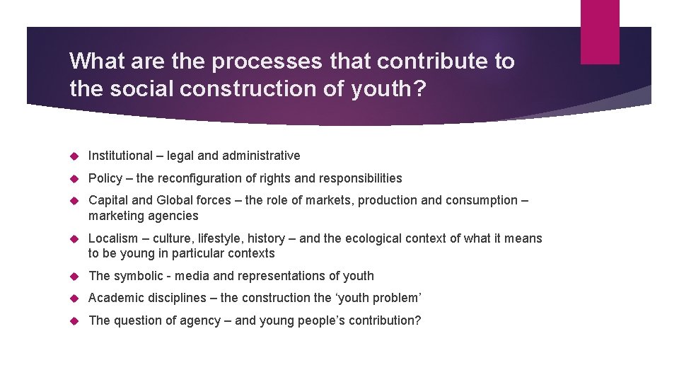 What are the processes that contribute to the social construction of youth? Institutional –