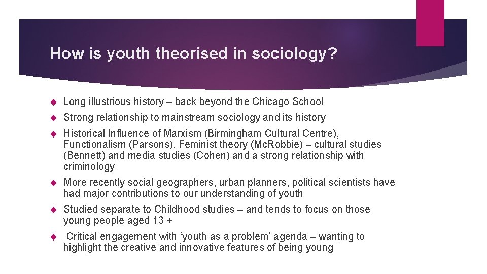 How is youth theorised in sociology? Long illustrious history – back beyond the Chicago