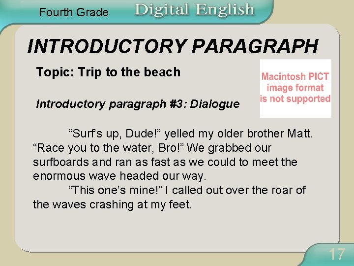 Fourth Grade INTRODUCTORY PARAGRAPH Topic: Trip to the beach Introductory paragraph #3: Dialogue “Surf’s