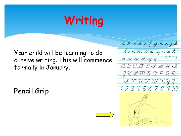 Writing Your child will be learning to do cursive writing. This will commence formally Writing Your child will be learning to do cursive writing. This will commence formally