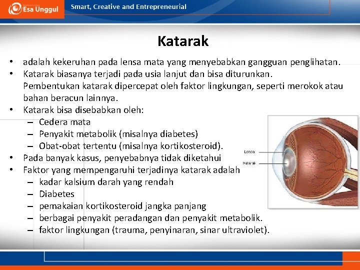 Katarak • adalah kekeruhan pada lensa mata yang menyebabkan gangguan penglihatan. • Katarak biasanya Katarak • adalah kekeruhan pada lensa mata yang menyebabkan gangguan penglihatan. • Katarak biasanya