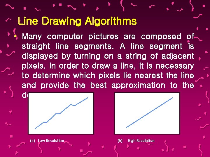 Line Drawing Algorithms • Many computer pictures are composed of straight line segments. A