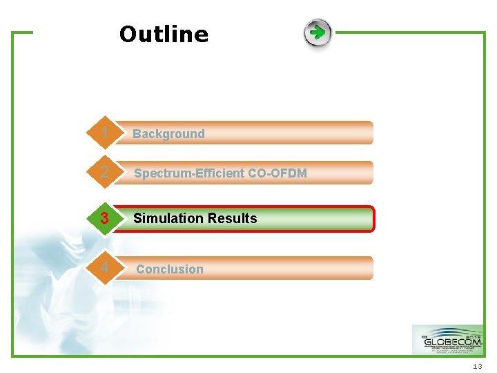 Outline 1 Background 2 Spectrum-Efficient CO-OFDM 3 Simulation Results 4 Conclusion 13 Outline 1 Background 2 Spectrum-Efficient CO-OFDM 3 Simulation Results 4 Conclusion 13