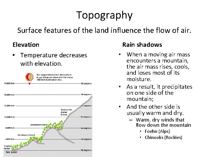 Topography Surface features of the land influence the flow of air. Elevation • Temperature Topography Surface features of the land influence the flow of air. Elevation • Temperature