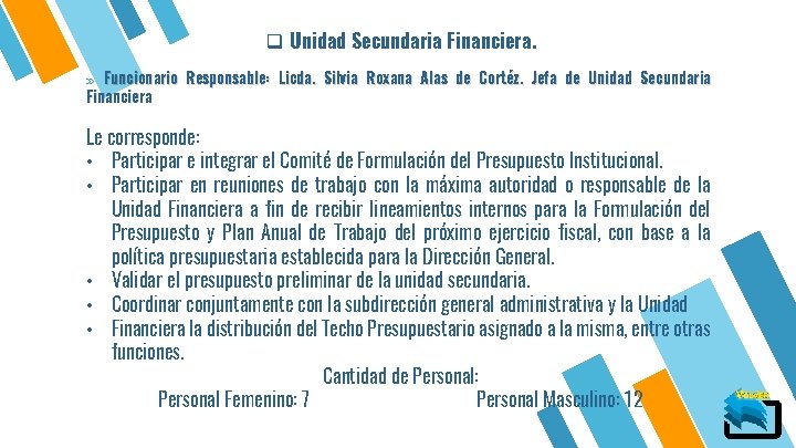 q Unidad Secundaria Financiera. » Funcionario Responsable: Licda. Silvia Roxana Alas de Cortéz. Jefa