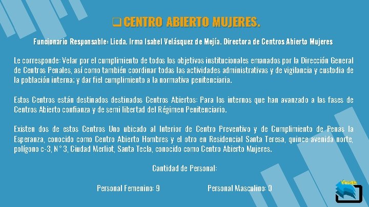 q. CENTRO ABIERTO MUJERES. Funcionario Responsable: Licda. Irma Isabel Velásquez de Mejía. Directora de