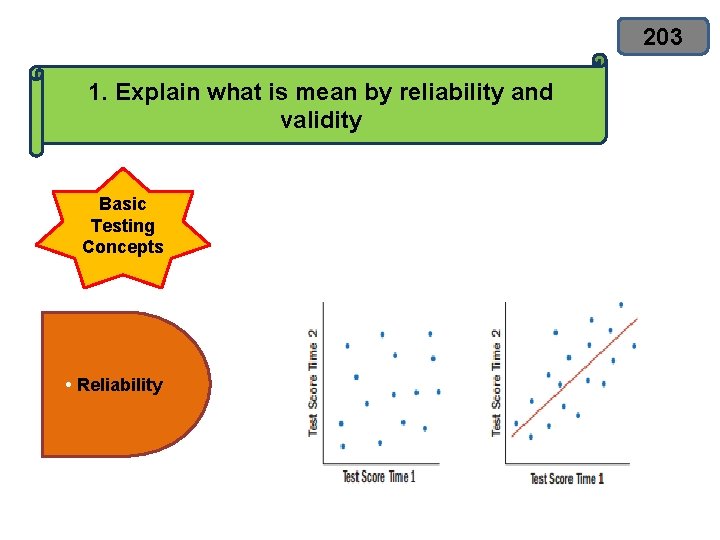 203 1. Explain what is mean by reliability and validity Basic Testing Concepts •