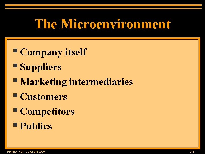 The Microenvironment § Company itself § Suppliers § Marketing intermediaries § Customers § Competitors