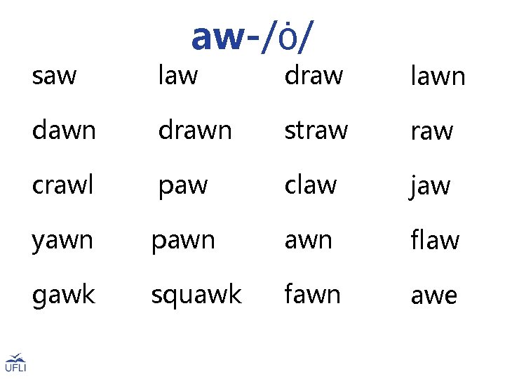 aw-/ȯ/ saw law draw lawn drawn straw crawl paw claw jaw yawn pawn flaw