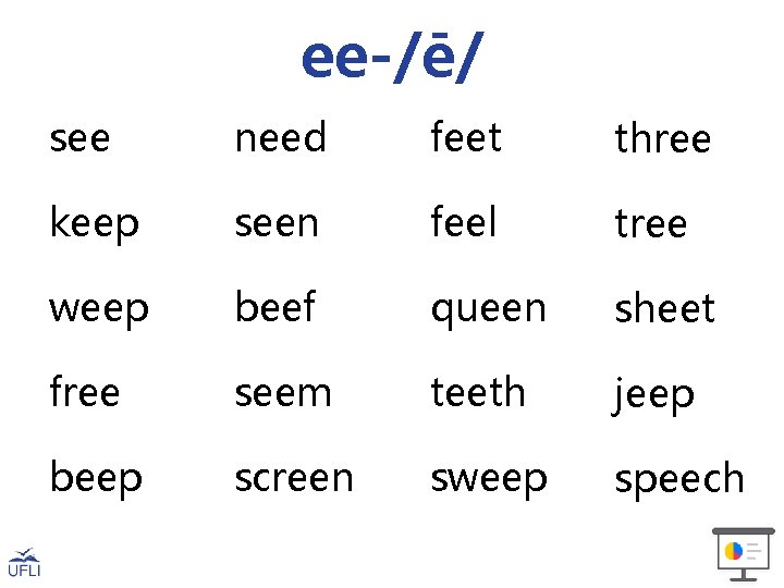 ee-/ē/ see need feet three keep seen feel tree weep beef queen sheet free