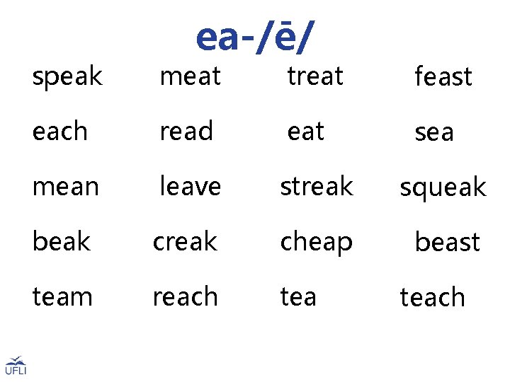 ea-/ē/ speak meat treat feast each read eat sea mean leave streak squeak beak