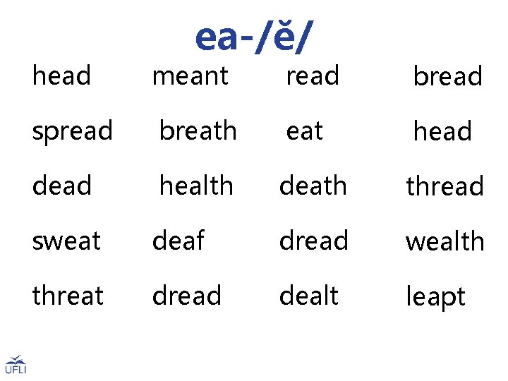 ea-/ĕ/ head meant read bread spread breath eat head dead health death thread sweat