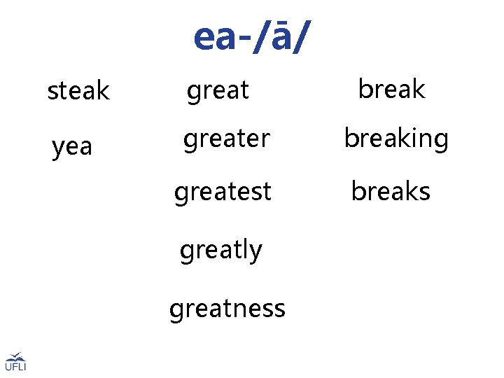 ea-/ā/ break steak great yea greater breaking greatest breaks greatly greatness ea-/ā/ break steak great yea greater breaking greatest breaks greatly greatness