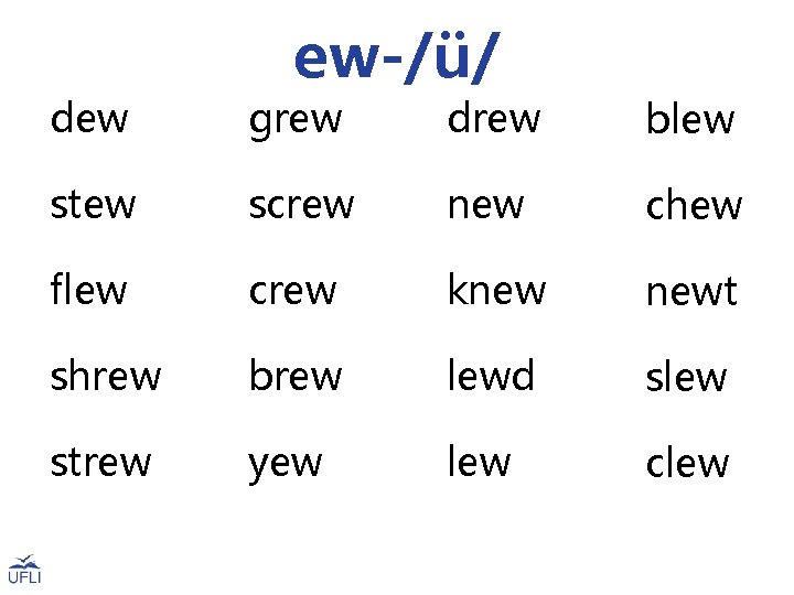 ew-/ü/ dew grew drew blew stew screw new chew flew crew knew newt shrew ew-/ü/ dew grew drew blew stew screw new chew flew crew knew newt shrew