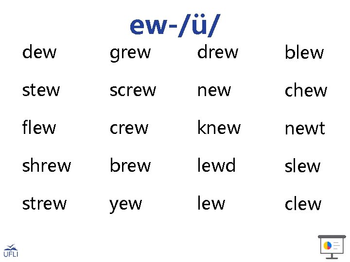 ew-/ü/ dew grew drew blew stew screw new chew flew crew knew newt shrew