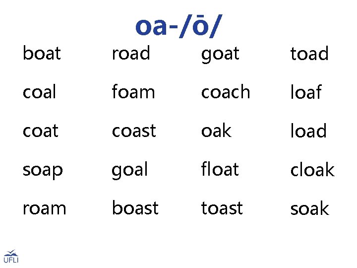 oa-/ō/ boat road goat toad coal foam coach loaf coat coast oak load soap