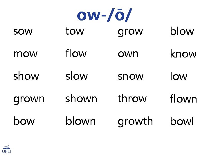 ow-/ō/ sow tow grow blow mow flow own know show slow snow low grown ow-/ō/ sow tow grow blow mow flow own know show slow snow low grown