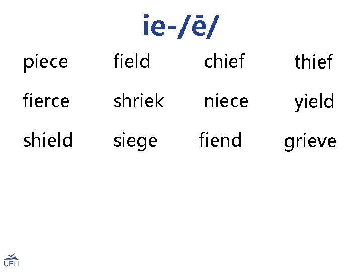 ie-/ē/ piece field chief thief fierce shriek niece yield shield siege fiend grieve 