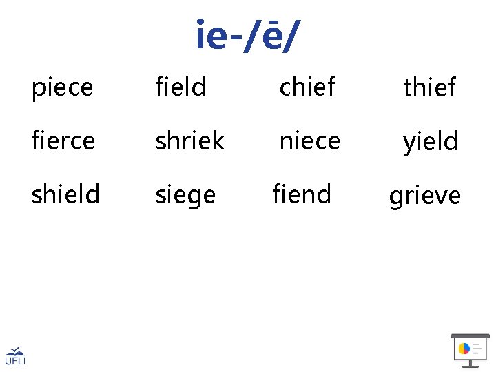 ie-/ē/ piece field chief thief fierce shriek niece yield shield siege fiend grieve ie-/ē/ piece field chief thief fierce shriek niece yield shield siege fiend grieve