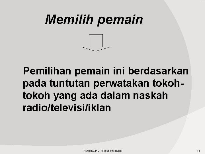 Memilih pemain Pemilihan pemain ini berdasarkan pada tuntutan perwatakan tokoh yang ada dalam naskah