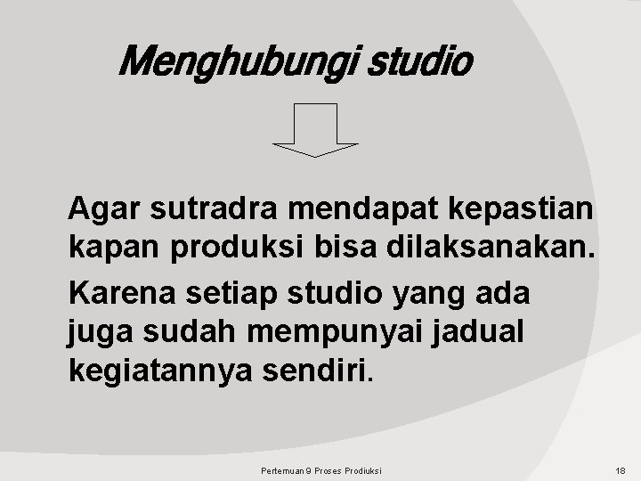 Menghubungi studio Agar sutradra mendapat kepastian kapan produksi bisa dilaksanakan. Karena setiap studio yang