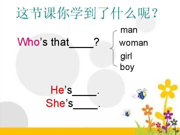 这节课你学到了什么呢？ Who’s that____? He’s____. She’s____. man woman girl boy 